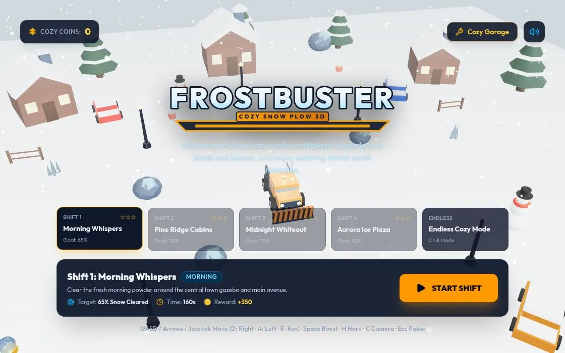 FrostBuster: Cozy Snow Plow 3D, as it opens in a browser tab