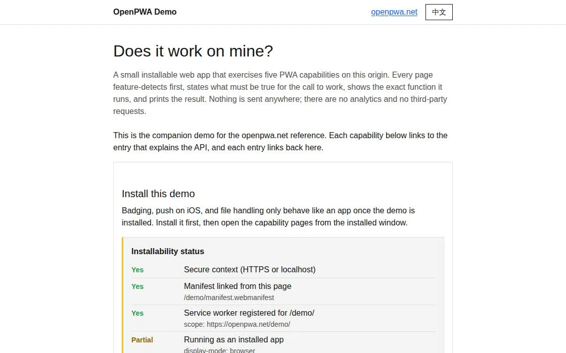 OpenPWA Demo, as it opens in a browser tab